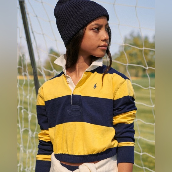 Polo Ralph Lauren Girls Cropped Rugby Shirt Yellow Navy Stripe Size M (8–10) NWT - Picture 9 of 9